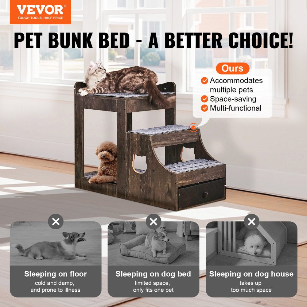 VEVOR Pet Bunk Bed with Removable Stairs, Dog/Cat Window Perch with Storage, Multi-Level Bed Window Perch Dog Bedside Sleeper Couch, Small Pet Seat Platform, Indoor Use (Gray)