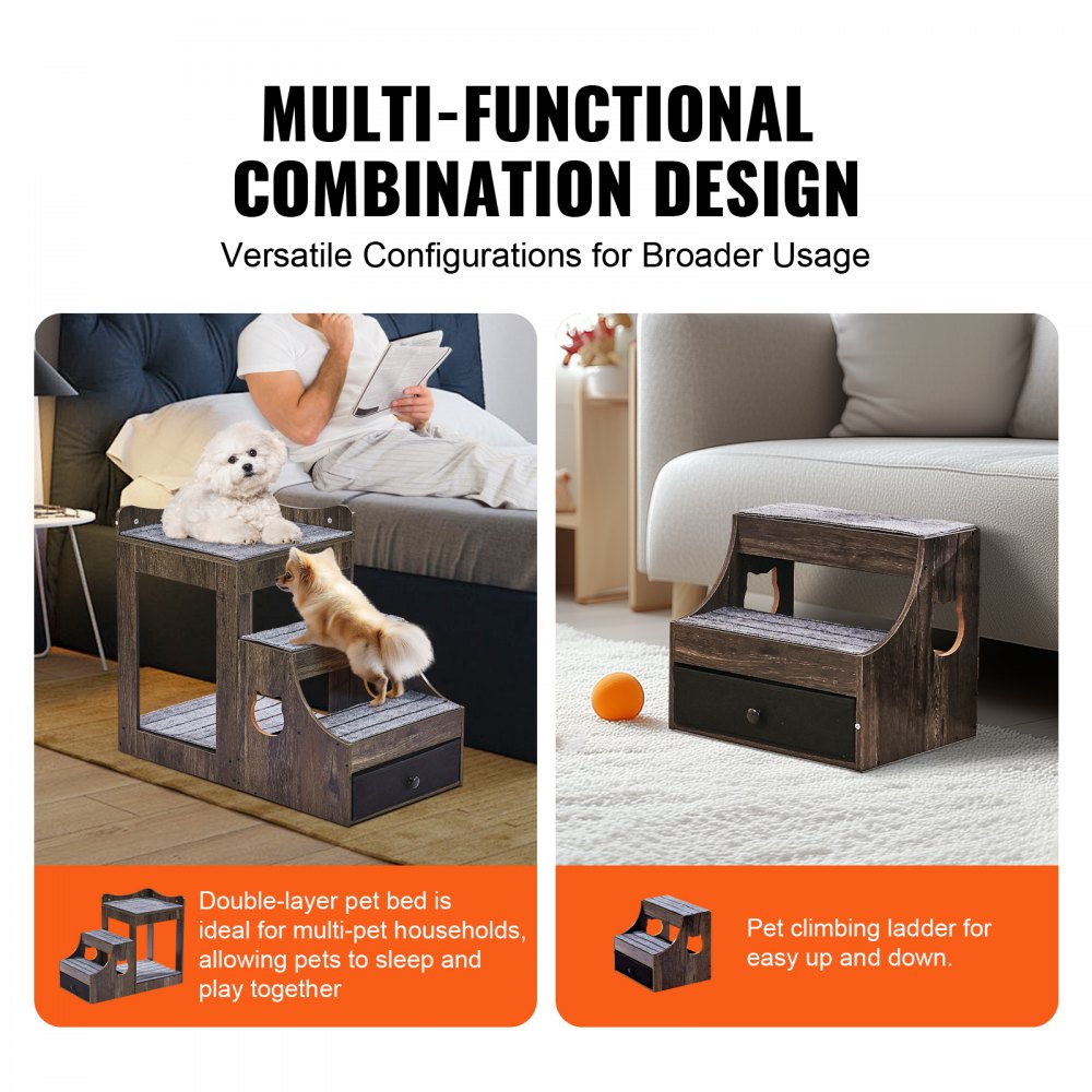 VEVOR Pet Bunk Bed with Removable Stairs, Dog/Cat Window Perch with Storage, Multi-Level Bed Window Perch Dog Bedside Sleeper Couch, Small Pet Seat Platform, Indoor Use (Gray)