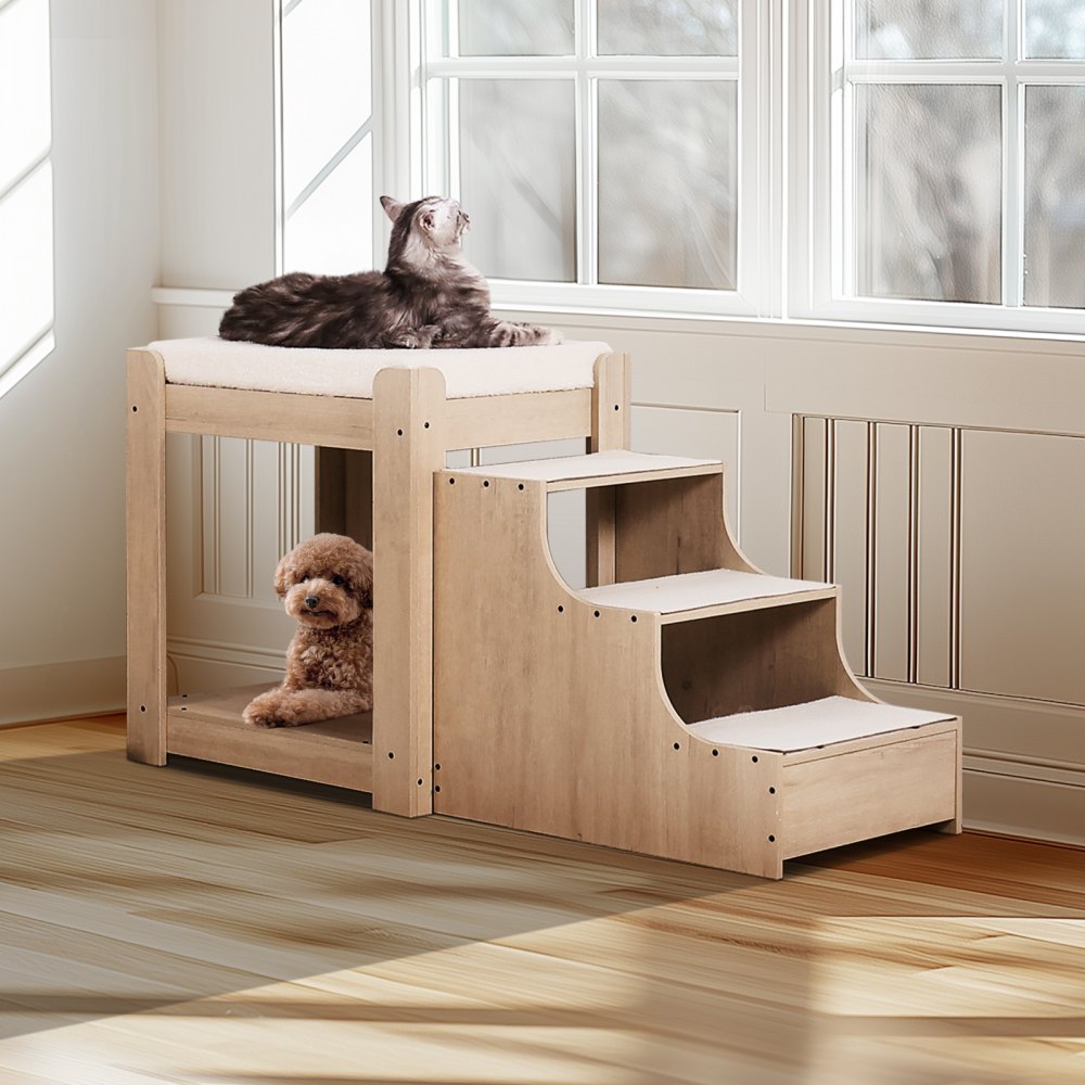 VEVOR Pet Bunk Bed with Stairs, Dog/Cat Window Perch, Multi-Level Bed Window Perch Dog Bedside Sleeper, Lounge Elevated Seat Platform with Foam Cushion,Pet Bed Couch for Bedside Indoor Use (Beige)