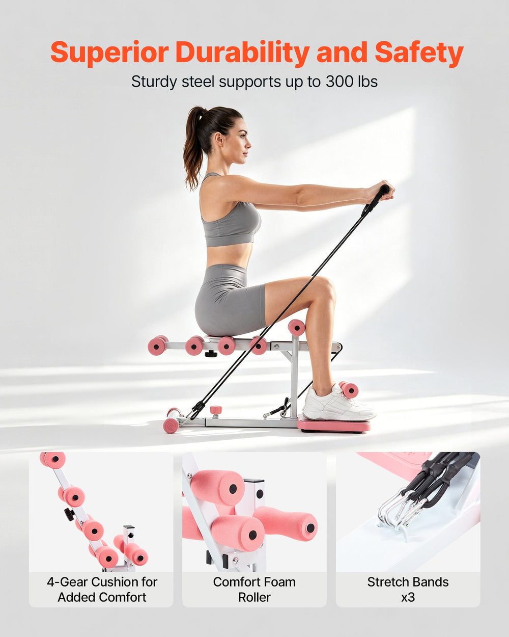 VEVOR Deep Squat Machine, Adjustable Glutes Trainer Machine with 3 High-Strength Resistance Bands, Folding Core Leg and Glutes Exercise Trainer, Push Up Workout Equipment at Home Gym, Pink + White