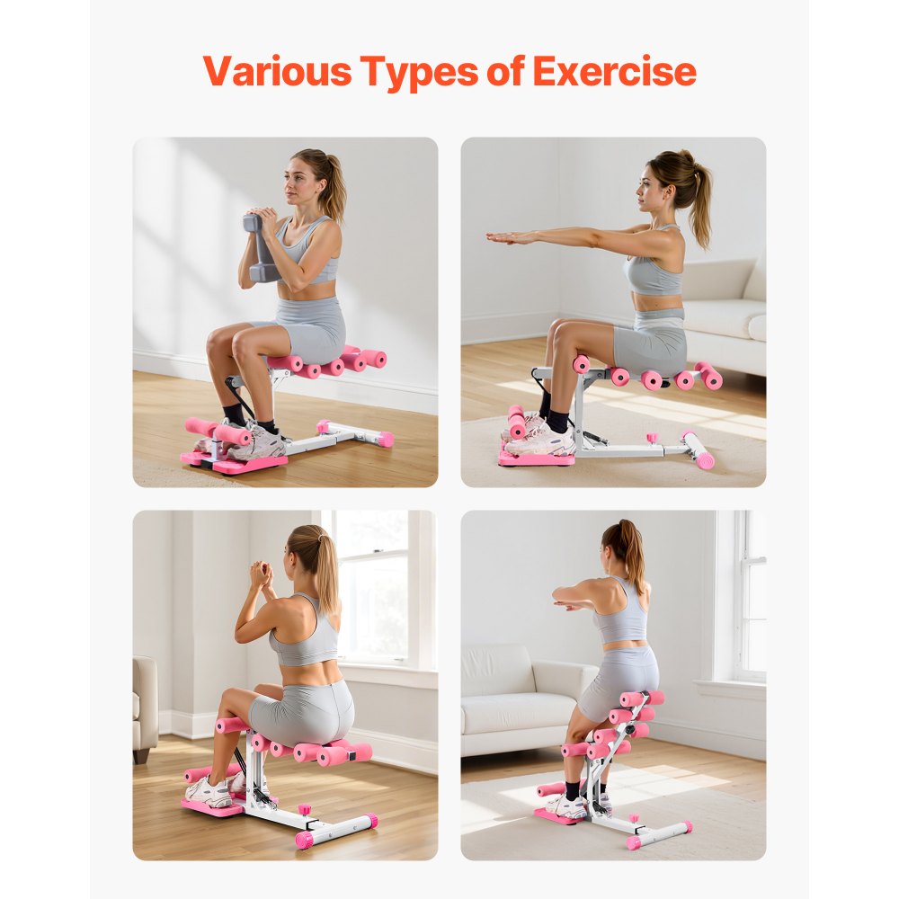 VEVOR Deep Squat Machine, Adjustable Glutes Trainer Machine with 3 High-Strength Resistance Bands, Folding Core Leg & Glutes Exercise Trainer, Push Up Workout Equipment at Home Gym, Pink + White