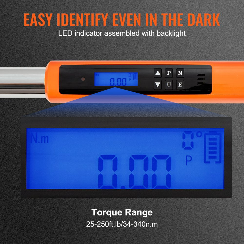 VEVOR Digital Torque Wrench, 1/2" Drive Electronic Torque Wrench, Torque Wrench Kit 25-250ft.lb/34-340n.m Torque Range Accurate to ±2%, 3-Mode Adjustable Torque Wrench Set with LED Buzzer Calibration
