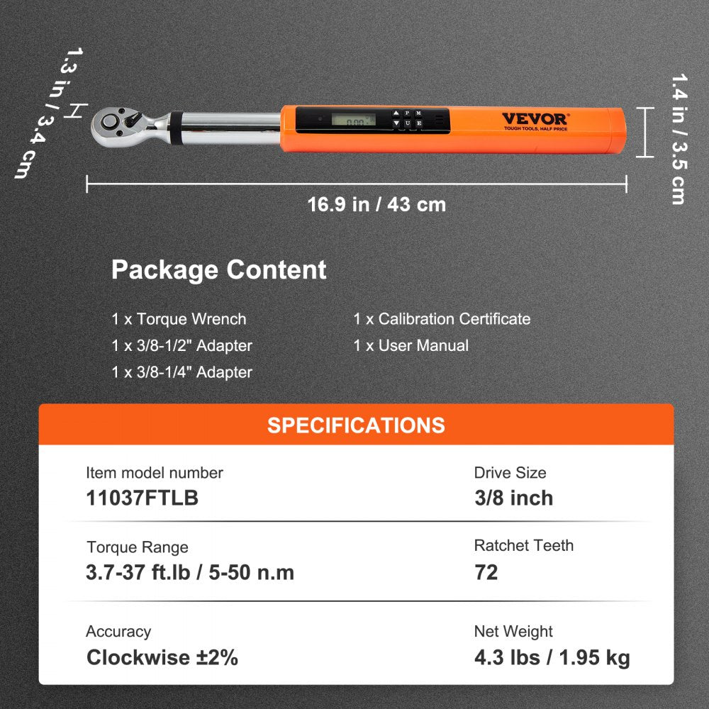 VEVOR Digital Torque Wrench, 3.7-37ft.lb/5-50n.m 3/8" Drive Electronic Torque Wrench, Torque Wrench Kit Torque Range Accurate to ±2%,  3-Mode Adjustable Torque Wrench Set with LED Buzzer Calibration