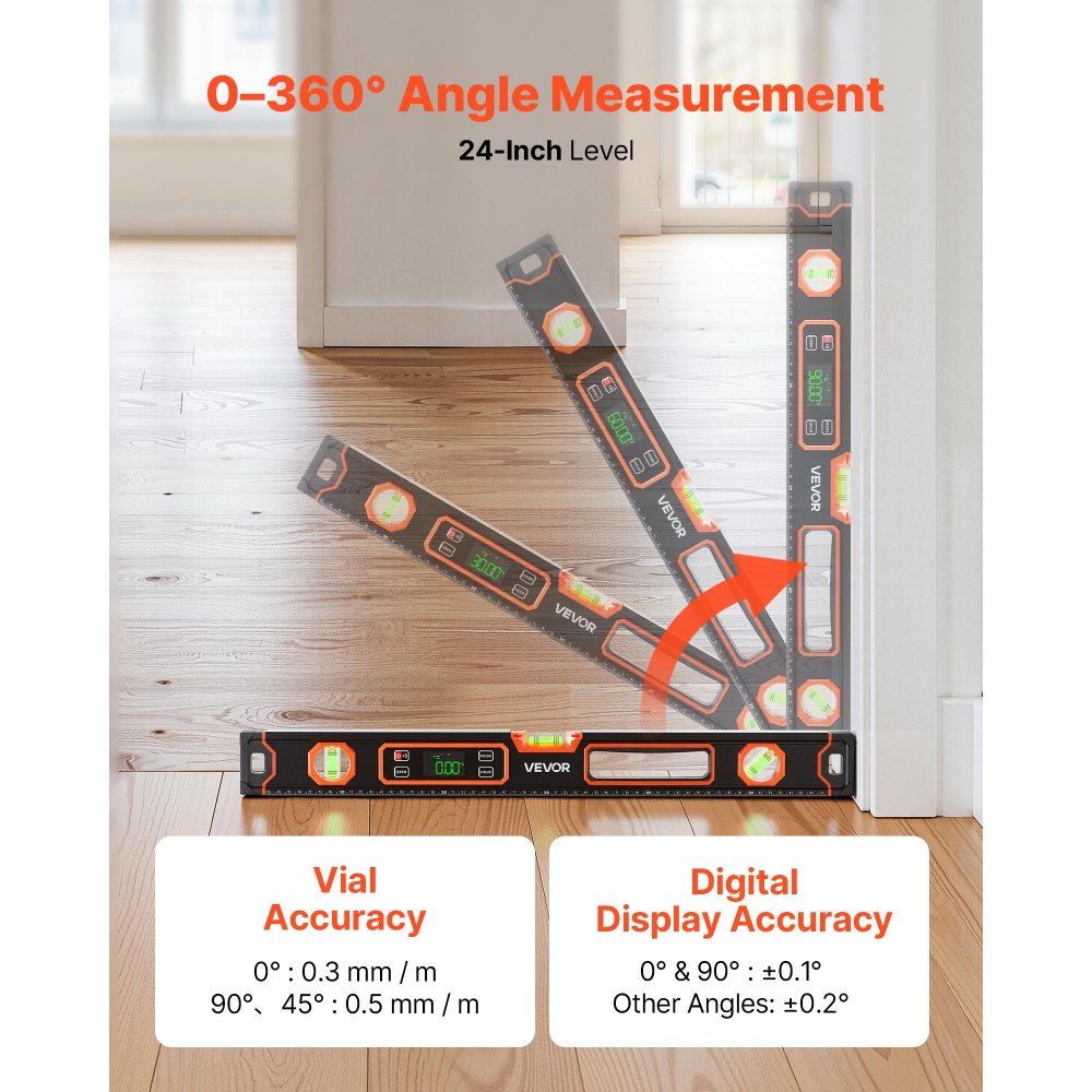 VEVOR Digital Level, 24 in Length, Magnetic Electronic Level with LED Backlit Display, 360° Electronic Leveler Tool with 0°/45°/90° Bubble Vials, IP54 Rating for Construction Carpentry Home Renovation
