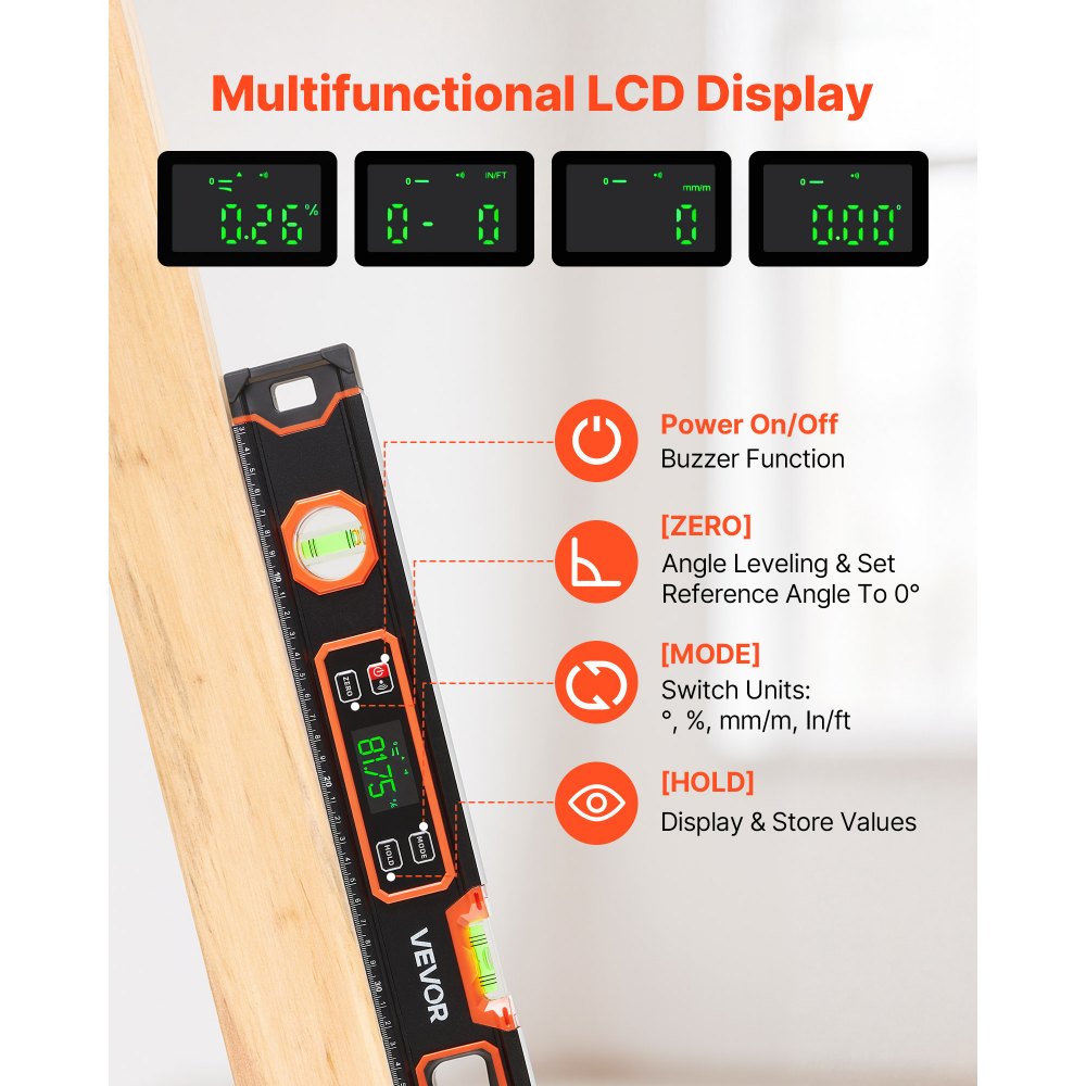 VEVOR Digital Level, 24 in Length, Magnetic Electronic Level with LED Backlit Display, 360° Electronic Leveler Tool with 0°/45°/90° Bubble Vials, IP54 Rating for Construction Carpentry Home Renovation