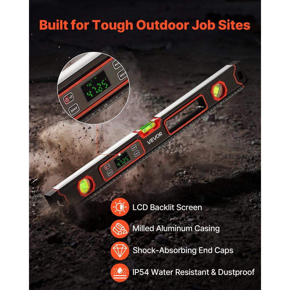 VEVOR Digital Level, 24 in Length, Magnetic Electronic Level with LED Backlit Display, 360° Electronic Leveler Tool with 0°/45°/90° Bubble Vials, IP54 Rating for Construction Carpentry Home Renovation