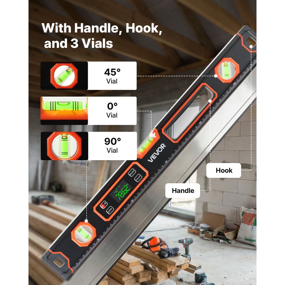 VEVOR Digital Level, 24 in Length, Magnetic Electronic Level with LED Backlit Display, 360° Electronic Leveler Tool with 0°/45°/90° Bubble Vials, IP54 Rating for Construction Carpentry Home Renovation