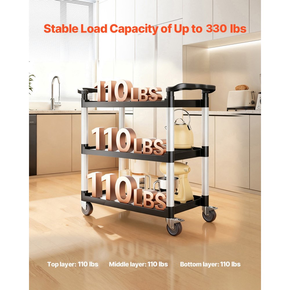 VEVOR Utility Cart, 500 lbs Load Capacity, 3-tier Utility Plastic Cart with 360° Swivel Wheels (2 with Brakes), 31.1 x 19.3-inch Food Service Cart for Warehouse, Office, Home, Restaurant, Kitchen