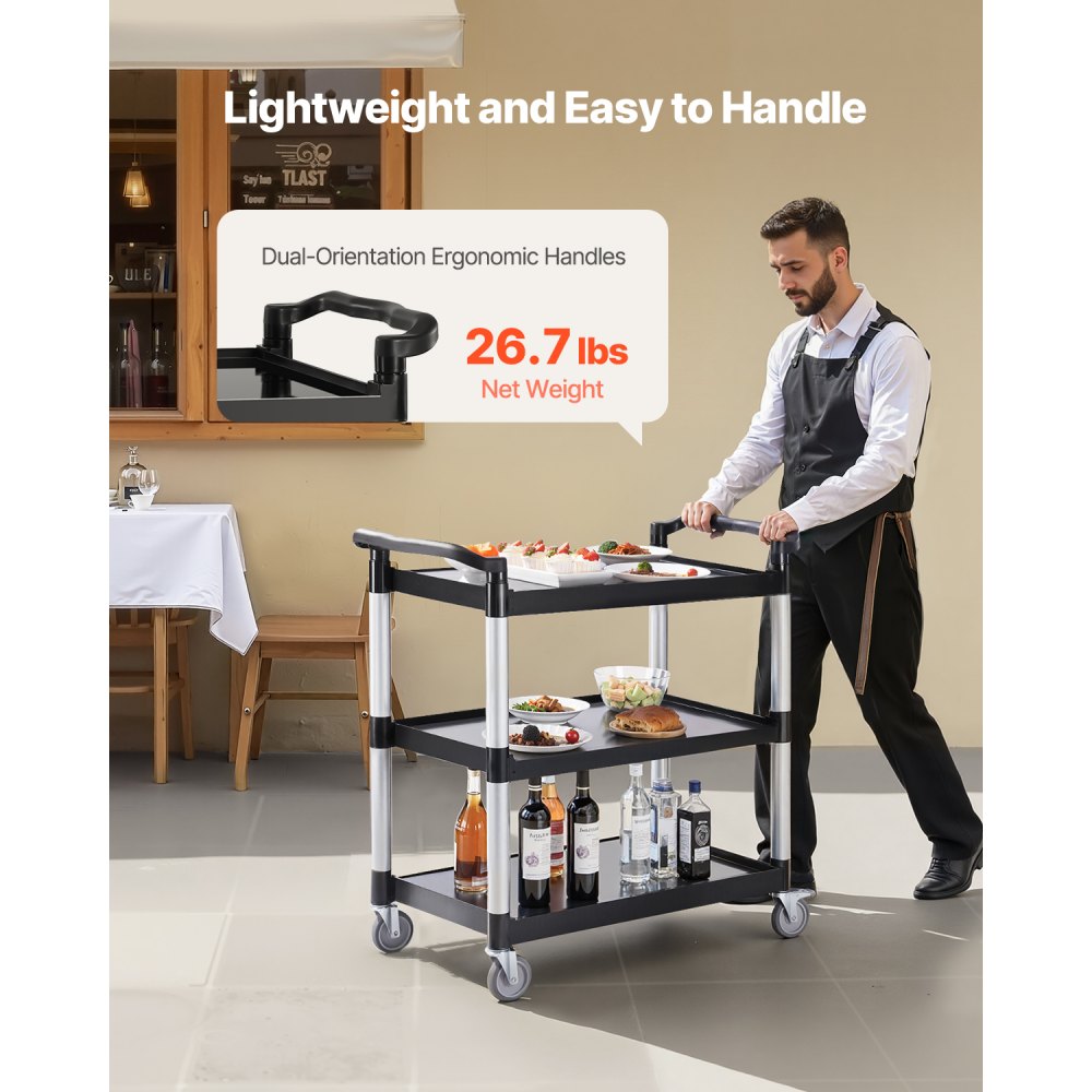 VEVOR Utility Cart, 500 lbs Load Capacity, 3-tier Utility Plastic Cart with 360° Swivel Wheels (2 with Brakes), 31.1 x 19.3-inch Food Service Cart for Warehouse, Office, Home, Restaurant, Kitchen