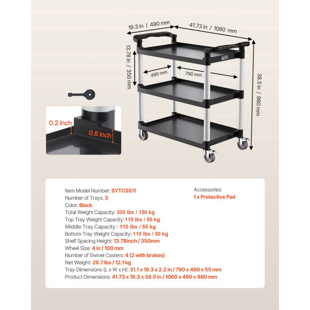 VEVOR Utility Cart, 500 lbs Load Capacity, 3-tier Utility Plastic Cart with 360° Swivel Wheels (2 with Brakes), 31.1 x 19.3-inch Food Service Cart for Warehouse, Office, Home, Restaurant, Kitchen