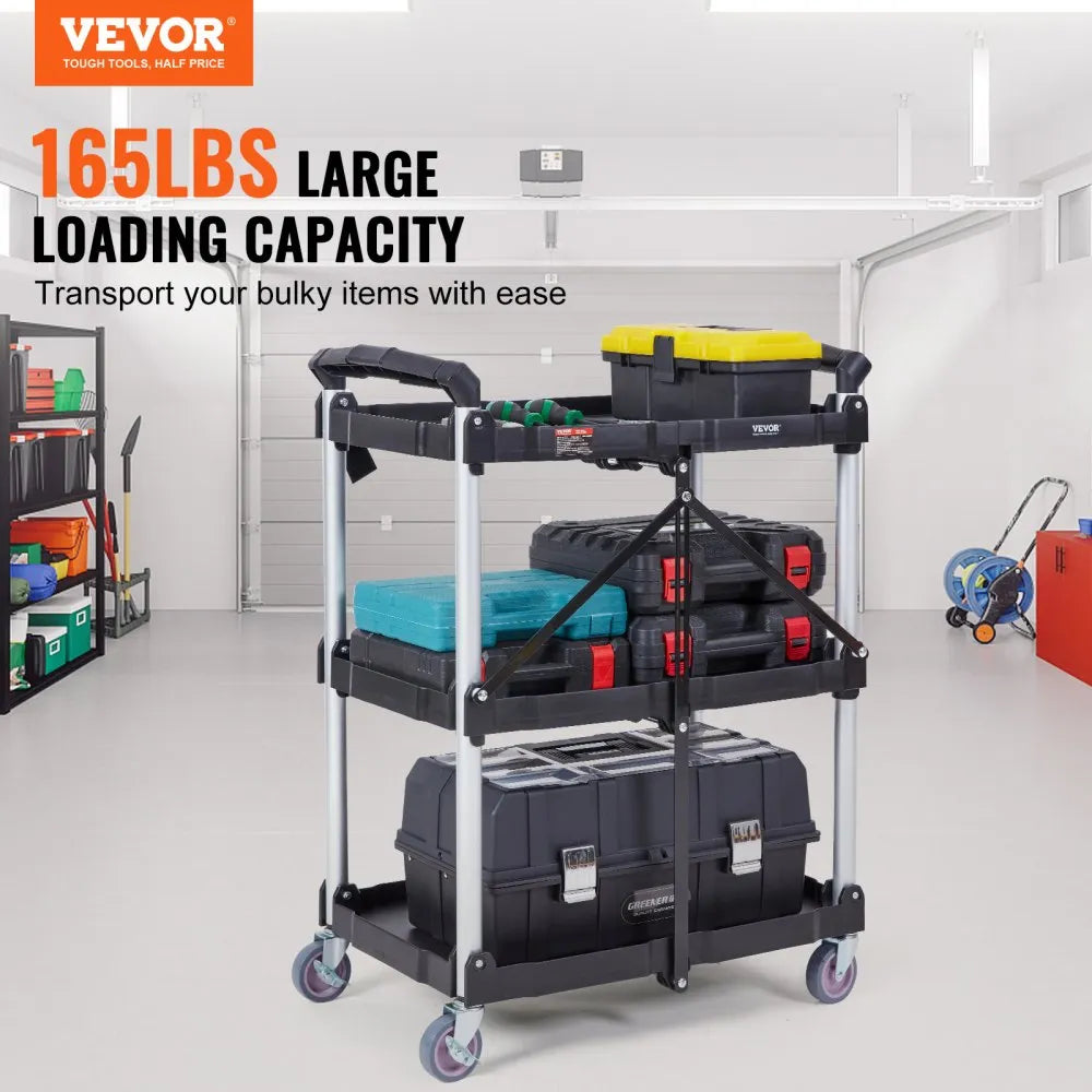 VEVOR Foldable Utility Service Cart, 3 Shelf 165LBS Heavy Duty Plastic Rolling Cart with Lockable Wheels, Ergonomic Handle, Portable Garage Tool Cart for Warehouse/Office/Home(25.62"x15.43"x32.76")