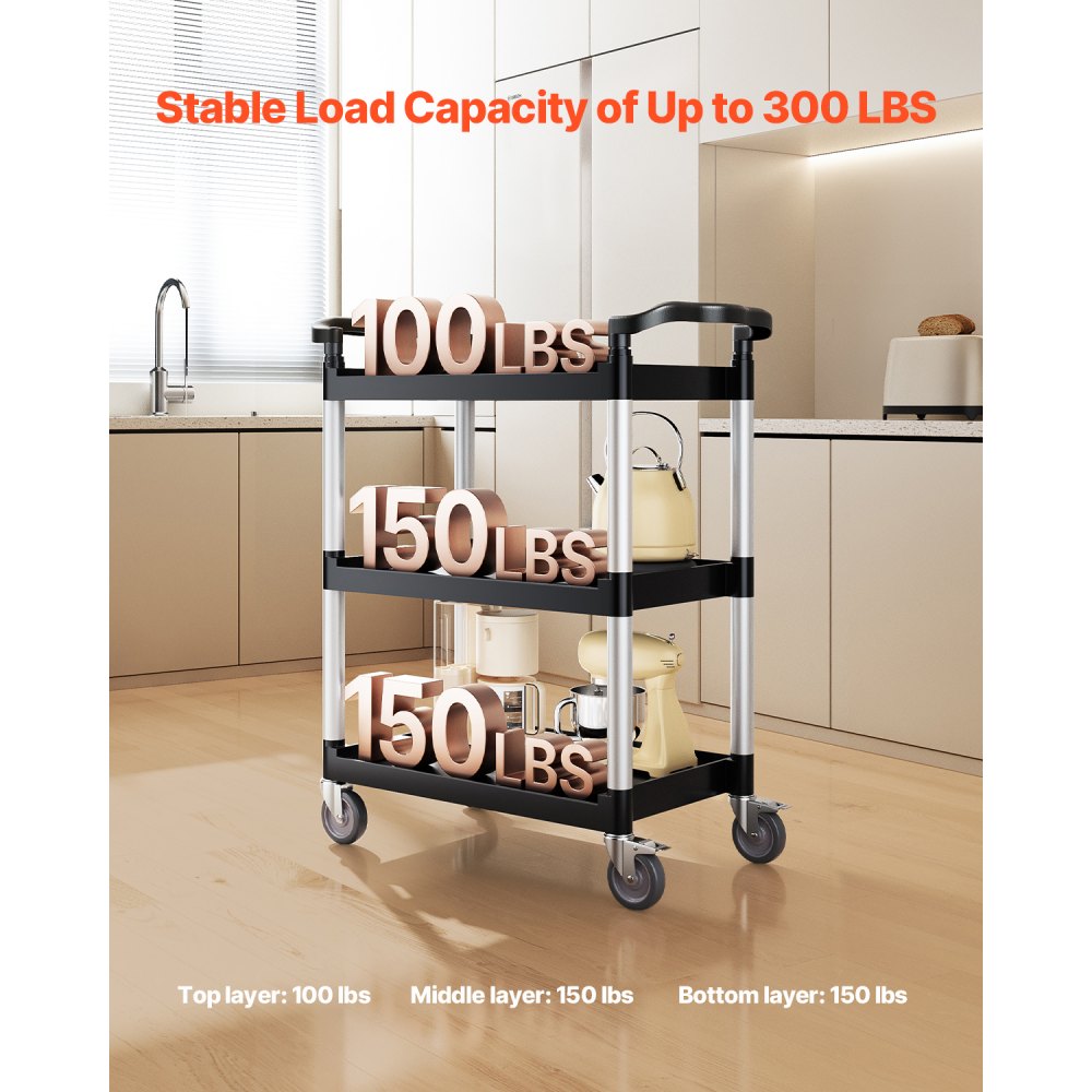 VEVOR Utility Cart, 300 lbs Load Capacity, 3-tier Utility Plastic Cart with 360° Swivel Wheels (2 with Brakes), 24.4 x 16.1-inch Food Service Cart for Warehouse, Office, Home, Restaurant, Kitchen