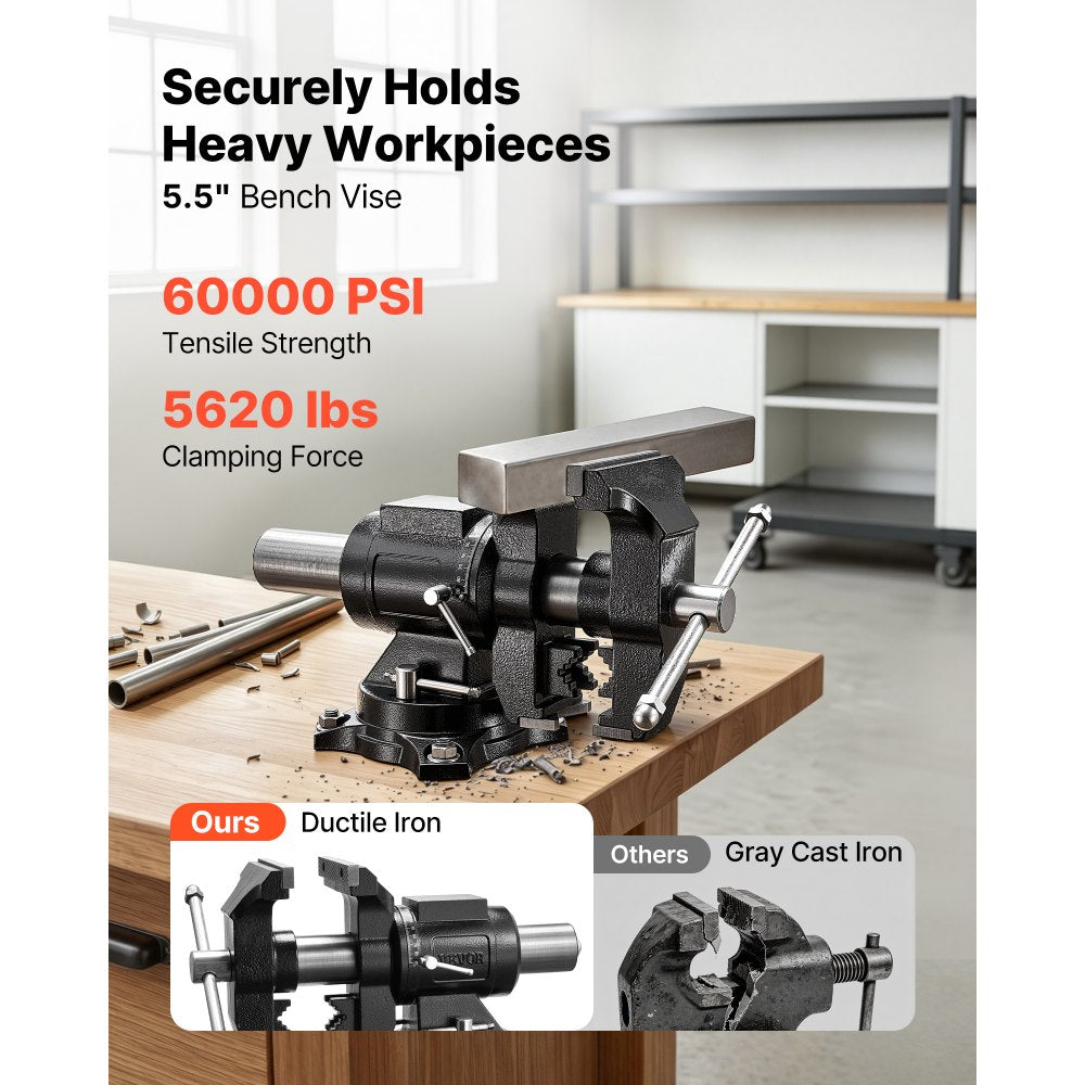 VEVOR Heavy Duty Bench Vise, 5.5" Jaw Width, Double Swivel Rotating Multi-Purpose Bench Vise, with 360° Locking Swivel Base and Head, 2.76" Throat Depth, 5" Max Jaw Opening, for Drilling Pipe Cutting