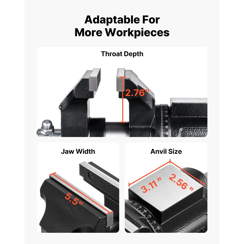 VEVOR Heavy Duty Bench Vise, 5.5" Jaw Width, Double Swivel Rotating Multi-Purpose Bench Vise, with 360° Locking Swivel Base and Head, 2.76" Throat Depth, 5" Max Jaw Opening, for Drilling Pipe Cutting