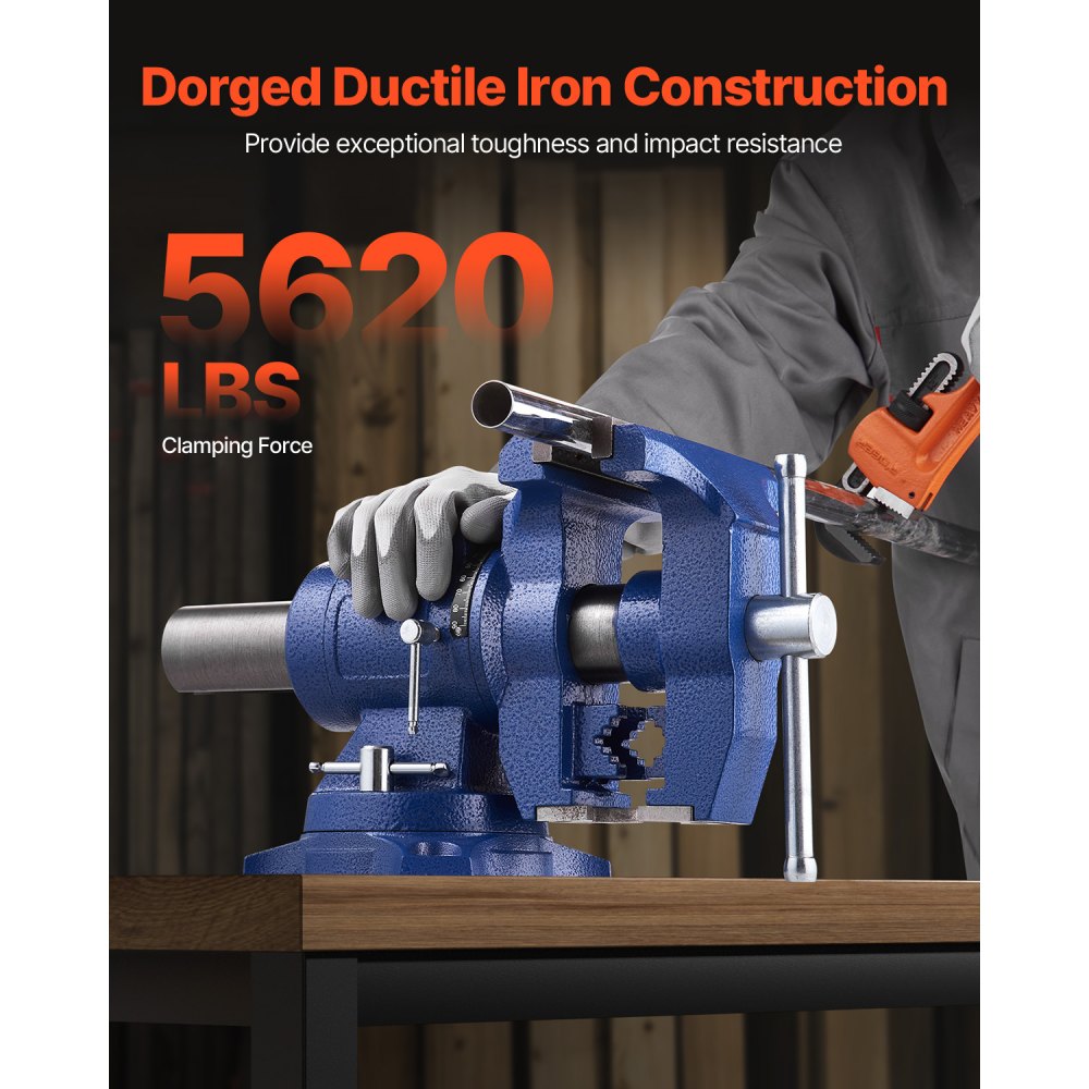 VEVOR Heavy Duty Bench Vise, 6-1/2" Jaw Width, 5" Max Jaw Opening Multi-Purpose Ductile Iron Bench Vise with Anvil, 360° Swivel Base Head, 3" Throat, 5620 lbs Clamp Force, for Pipe Repairing Metalworking