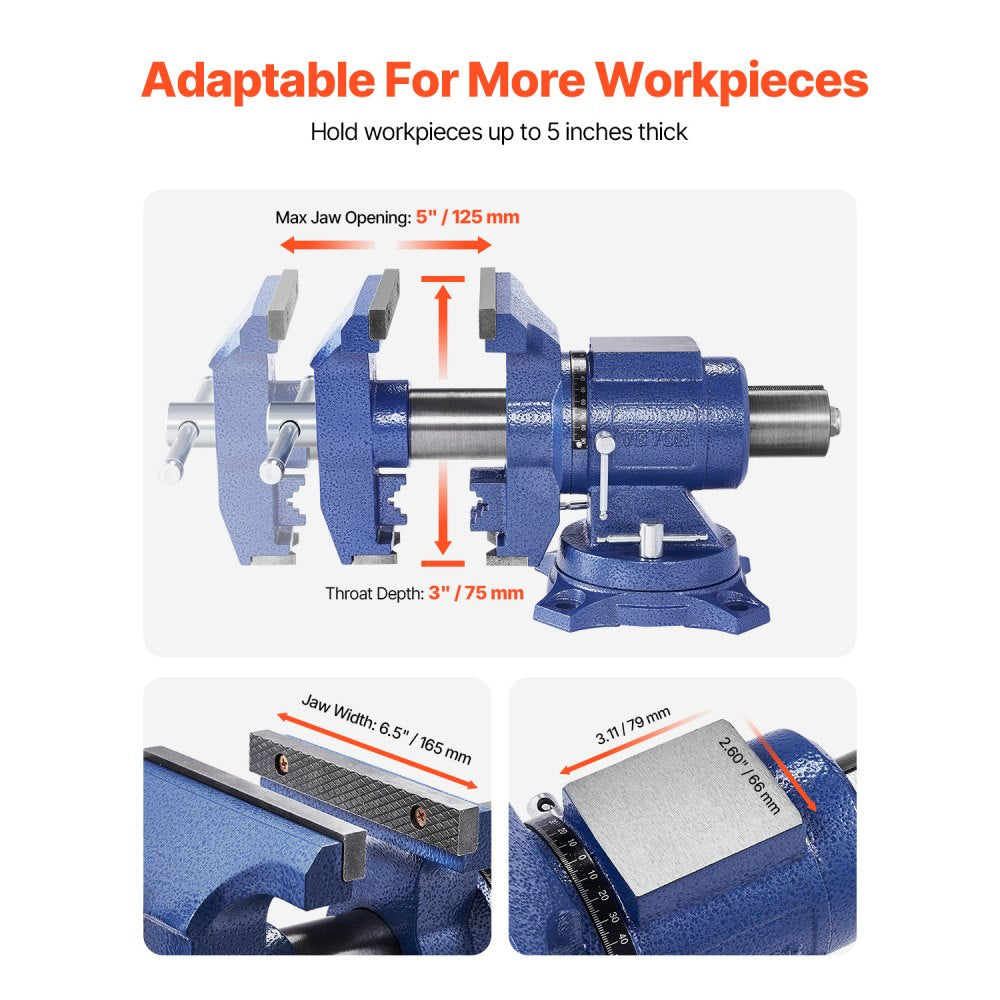 VEVOR Heavy Duty Bench Vise, 6-1/2" Jaw Width, 5" Max Jaw Opening Multi-Purpose Ductile Iron Bench Vise with Anvil, 360° Swivel Base Head, 3" Throat, 5620 lbs Clamp Force, for Pipe Repairing Metalworking