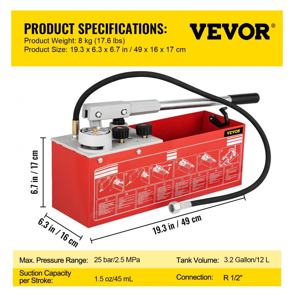 VEVOR Hydrostatic Pressure Test Pump, Test Up to 25 bar/2.5 MPa, 3.2 Gallon Tank, Hydraulic Manual Water Pressure Tester Kit with Two-Unit Gauge & R 1/2\" Connection, for Pipeline Fluid Pressure Testi