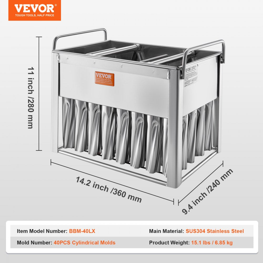 VEVOR Commercial Popsicle Moulds, 40PCS Cylindrical Ice Pop Moulds, Stainless Steel Ice Lolly Popsicle Moulds, Ice Cream Maker Mould Holder with 50PCS Popsicle Sticks & Bags (Single Mould Set - 40PCS)