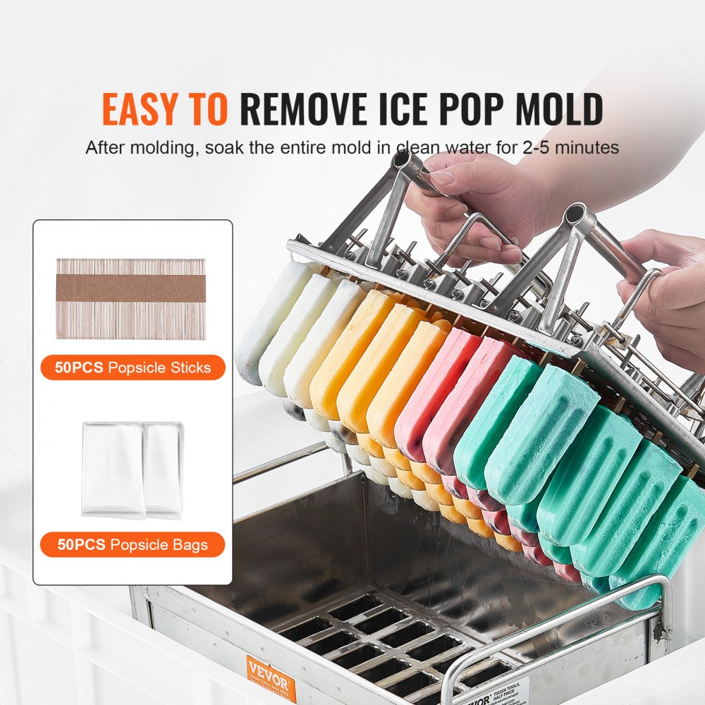 VEVOR Commercial Popsicle Moulds, 40PCS Round-Head Ice Pop Moulds with Double Slot, Stainless Steel Ice Lolly Popsicle Moulds, Ice Cream Maker Mould Holder with 50PCS Popsicle Sticks & Bags