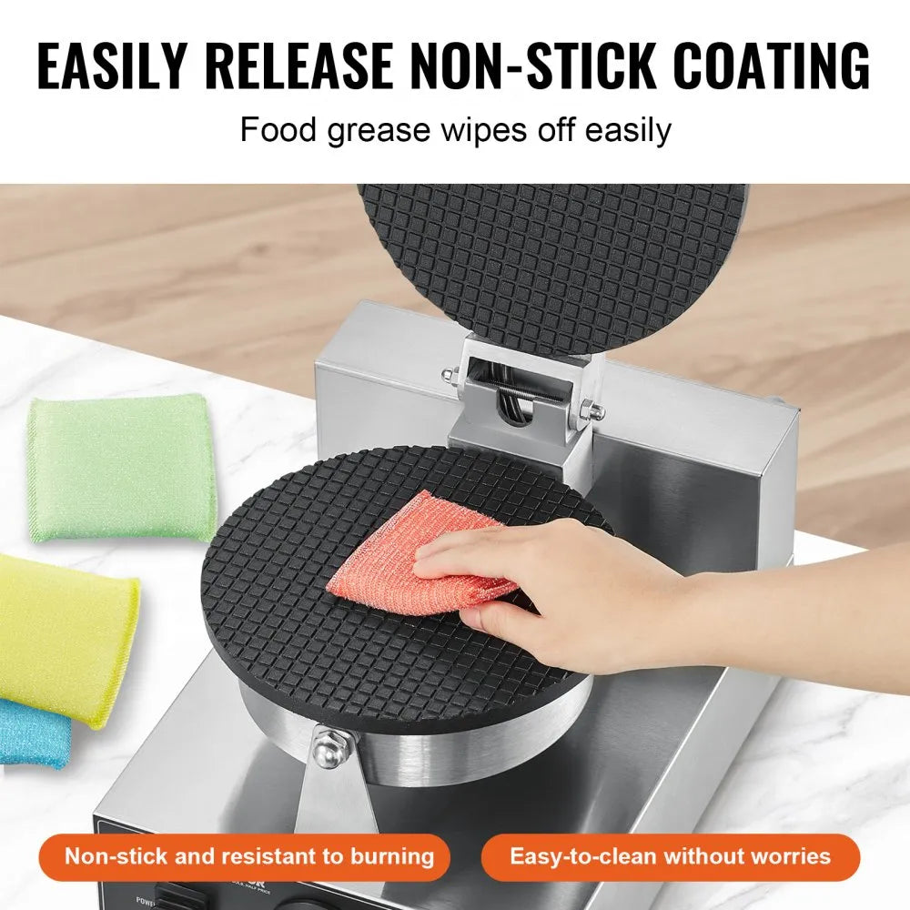 VEVOR Electric Ice Cream Cone Maker, Commercial 1230W Waffle Cone Machine, Non-Stick Stainless Steel Egg Roll Mold, with Temperature and Time Control, Handle, for Restaurant Bakery Snack Bar Family