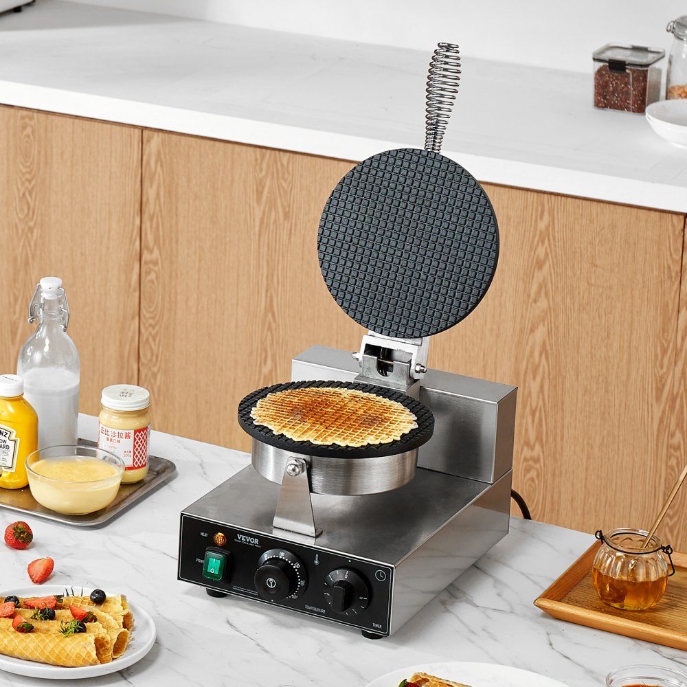 VEVOR Electric Ice Cream Cone Maker, Commercial 1230W Waffle Cone Machine, Non-Stick Stainless Steel Egg Roll Mold, with Temperature and Time Control, Handle, for Restaurant Bakery Snack Bar Family