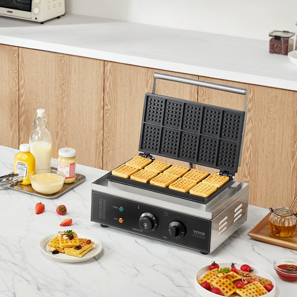 VEVOR Commercial Waffle Maker, 10PCS Rectangle Waffle Baker Machine, 1550W Non-Stick Stainless Steel Belgian Waffle Iron with Temp and Time Control, Handle, for Restaurant Bakery Snack Bar Family