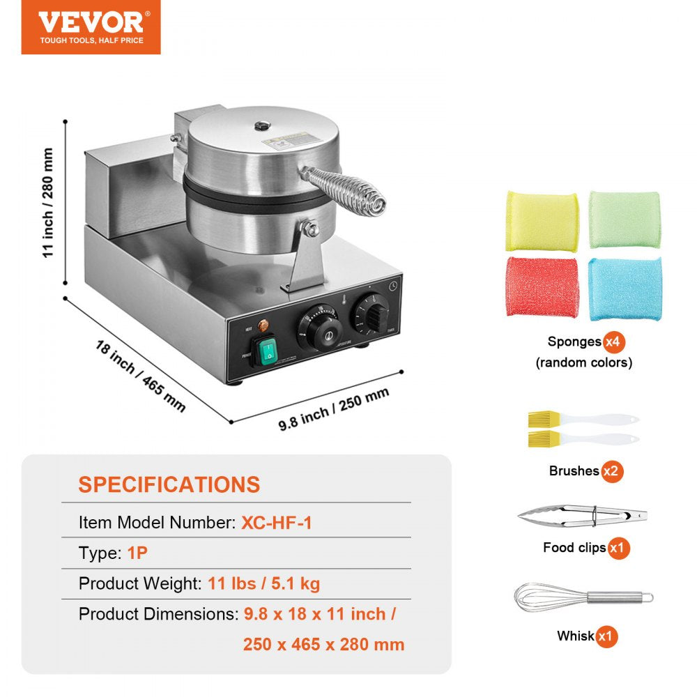 VEVOR Commercial Waffle Maker, 1230W Round Waffle Baker Machine, Non-Stick Stainless Steel Belgian Waffle Iron with Temperature and Time Control, Handle, for Restaurant Bakery Snack Bar Family