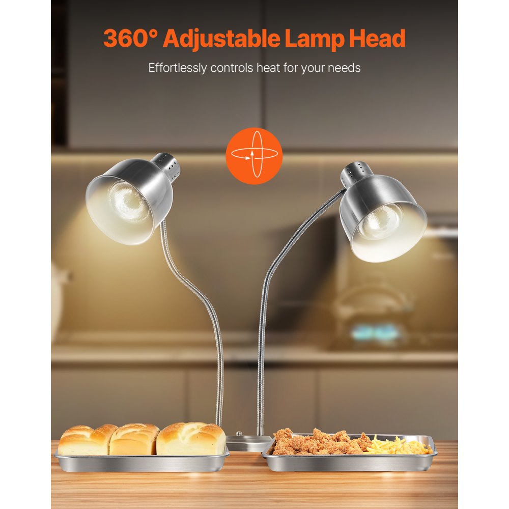 VEVOR Food Heat Lamp, 500W Electric Commercial Food Warmer Light, 2-Head Stainless Steel French Fry Heating Lamp with 3 Bulbs, Catering Food Warming Equipment for Kitchen, Buffet, Restaurant, Silver
