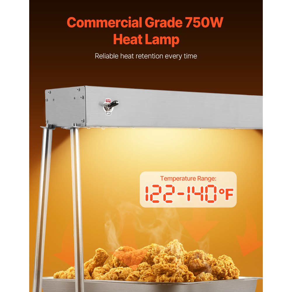 VEVOR Food Heat Lamp, 750W Hanging Commercial Food Heating Warmer, Stainless Steel Electric Strip Heater Light with Cord, Heatlamp Warming Equipment for Food Restaurant, Buffet, and Catering Kitchen