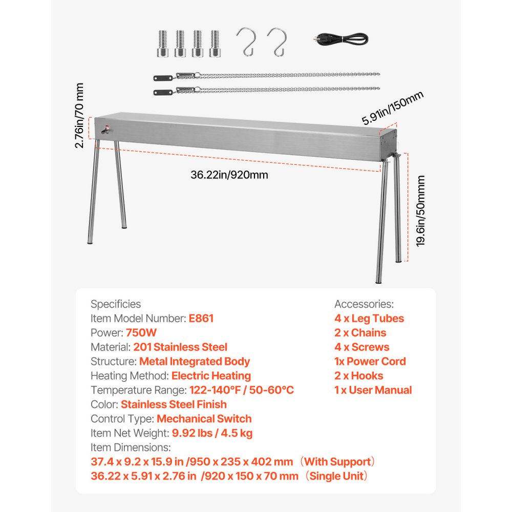 VEVOR Food Heat Lamp, 750W Hanging Commercial Food Heating Warmer, Stainless Steel Electric Strip Heater Light with Cord, Heatlamp Warming Equipment for Food Restaurant, Buffet, and Catering Kitchen
