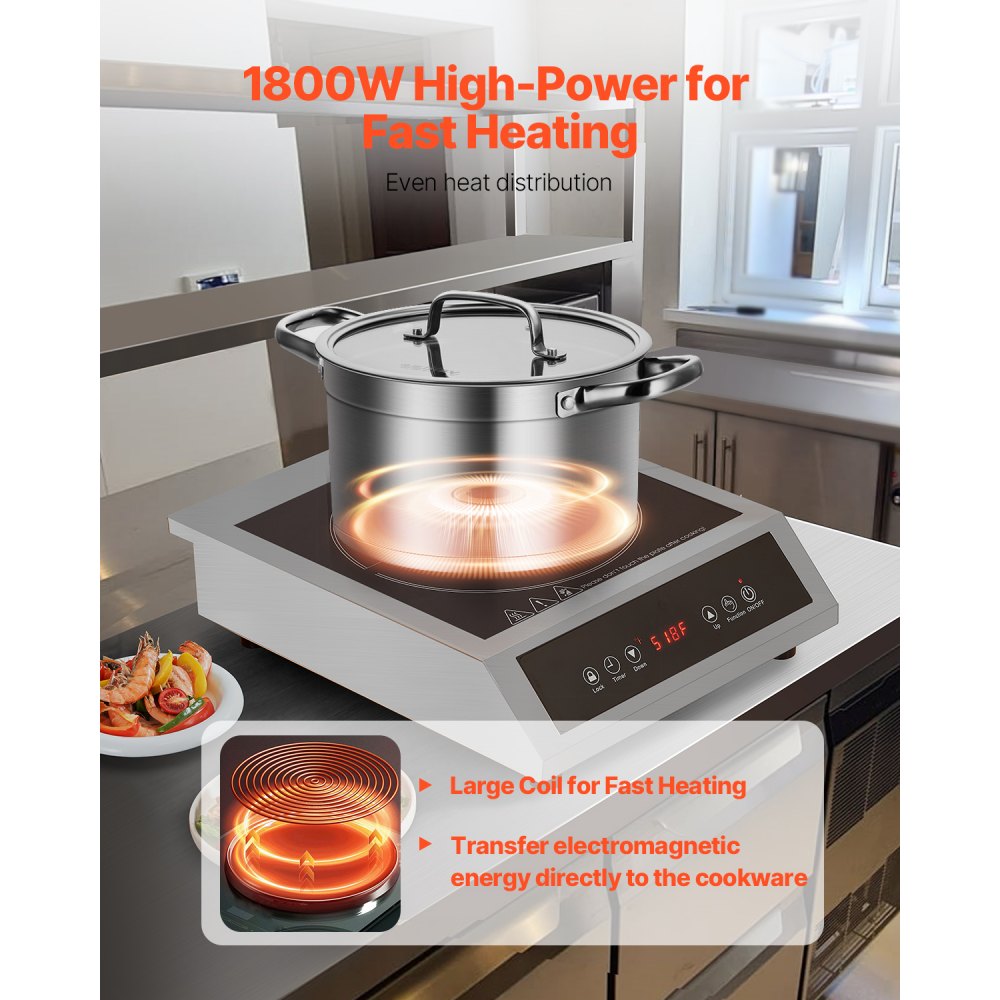 VEVOR Portable Induction Cooktop, 1800W Commercial Induction Burner with 9 Temperature Settings, Stainless Steel Countertop Induction Hot Plate with 3H Timer, Child Lock, for Restaurant Cooking