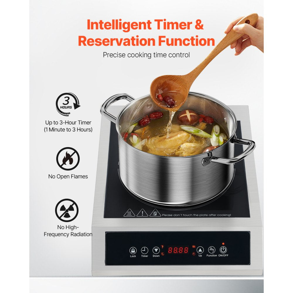 VEVOR Portable Induction Cooktop, 1800W Commercial Induction Burner with 9 Temperature Settings, Stainless Steel Countertop Induction Hot Plate with 3H Timer, Child Lock, for Restaurant Cooking