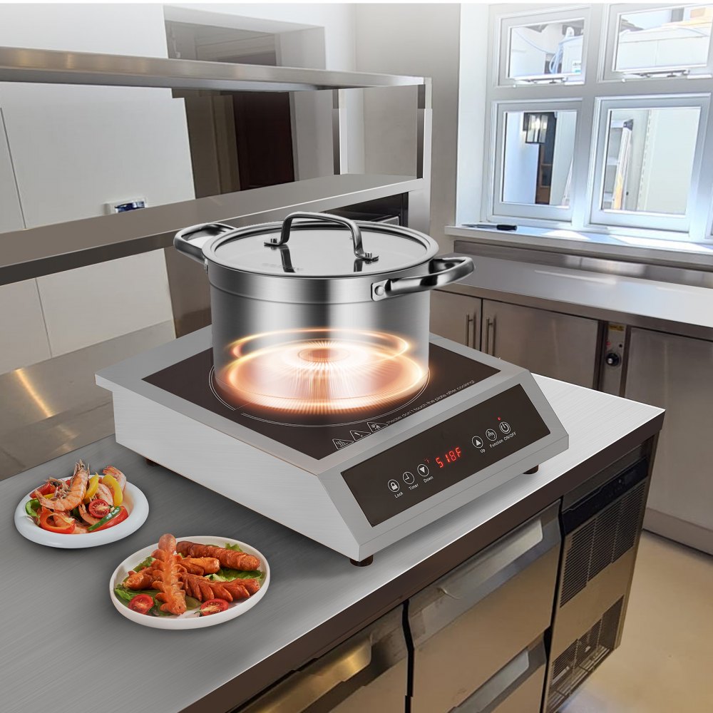 VEVOR Portable Induction Cooktop, 1800W Commercial Induction Burner with 9 Temperature Settings, Stainless Steel Countertop Induction Hot Plate with 3H Timer, Child Lock, for Restaurant Cooking