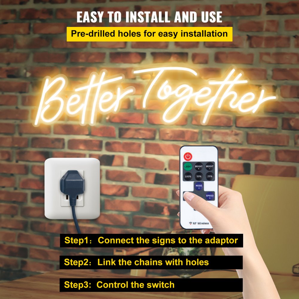 VEVOR Better Together Neon Sign, 13" x 7" +18" x 8" Warm White LED lights Sign, Adjustable Brightness with Remote Control, Used for Home, Party, Wedding, and Bar Decoration (Power Adapter Included