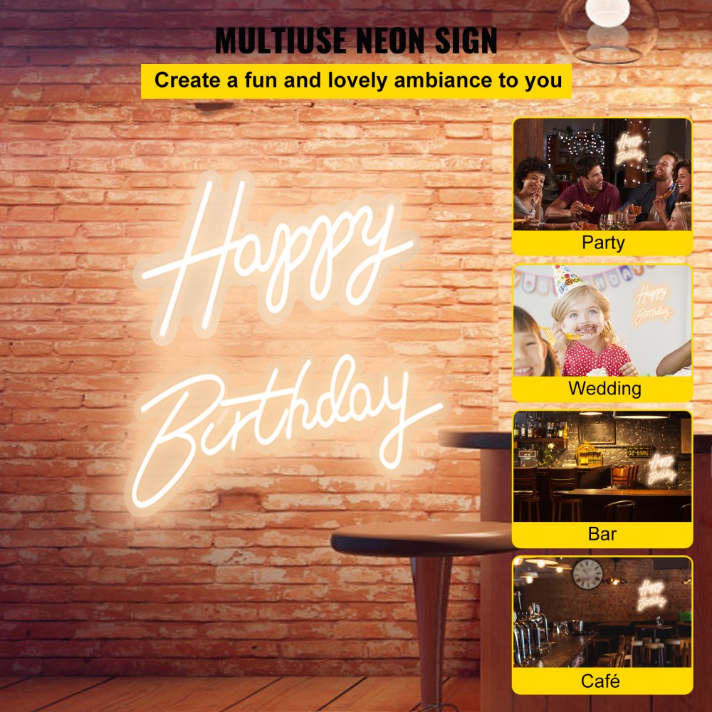 VEVOR Happy Birthday Neon Sign, 18" x 8" & 26" x 7.5" LED Neon Lights Signs, Adjustable Brightness with Dimmer Switch and Power Adapter, Reusable for Party, Club, Celebration and Decoration Warm W