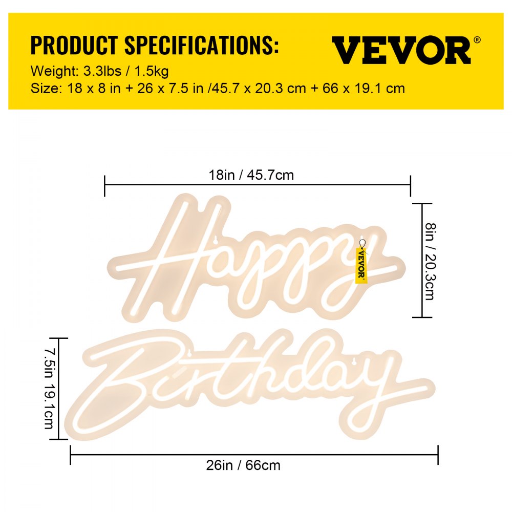 VEVOR Happy Birthday Neon Sign, 18" x 8" & 26" x 7.5" LED Neon Lights Signs, Adjustable Brightness with Dimmer Switch and Power Adapter, Reusable for Party, Club, Celebration and Decoration Warm W