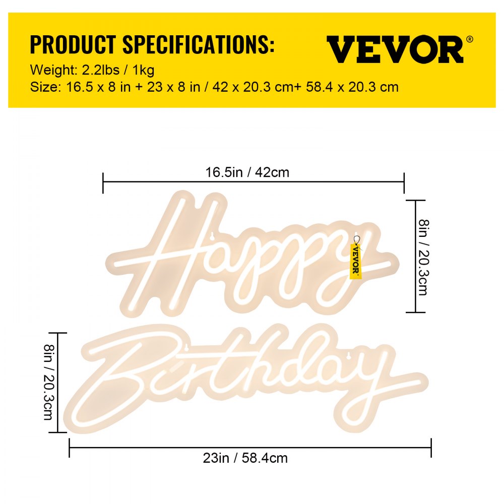 VEVOR Happy Birthday Neon Sign, 16.5" x 8" + 23" x 8" LED Neon Lights Signs, Adjustable Brightness with Remote Control and Power Adapter, Reusable for Party, Club, Celebration and Decoration Warm