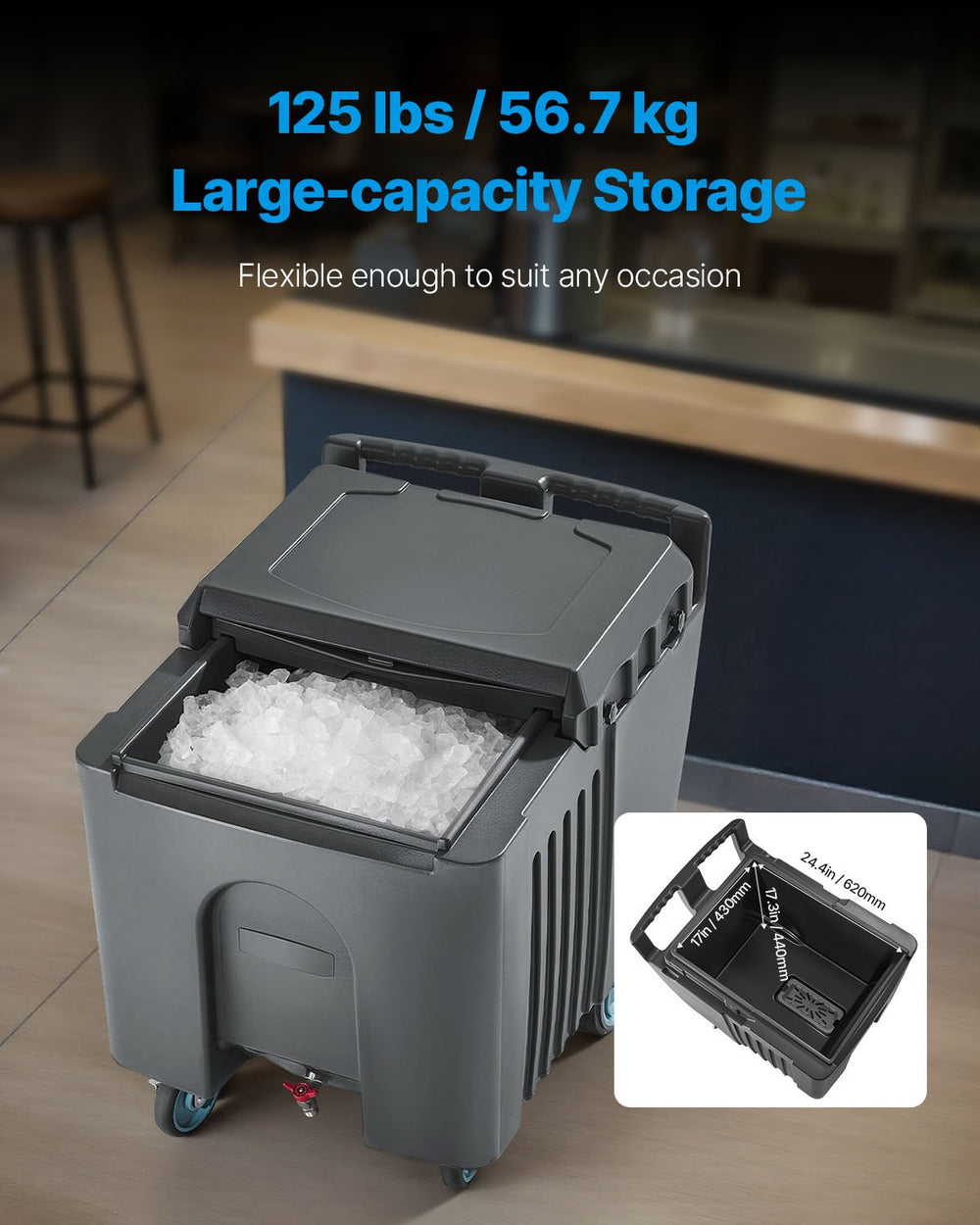 125 lbs large-capacity storage - VEVOR commercial ice bin infographic