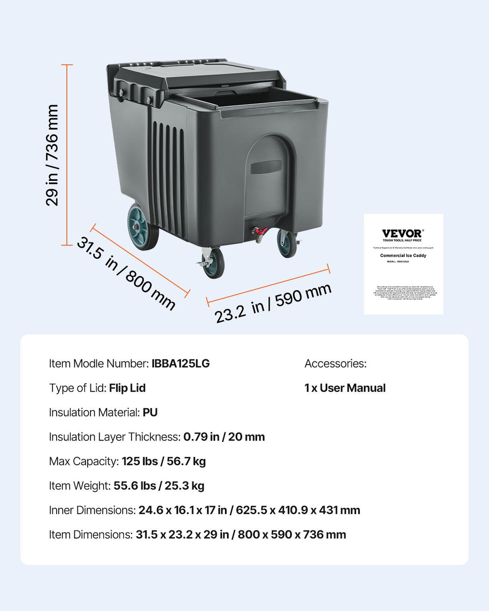 Dimensions and specifications - VEVOR commercial ice bin infographic