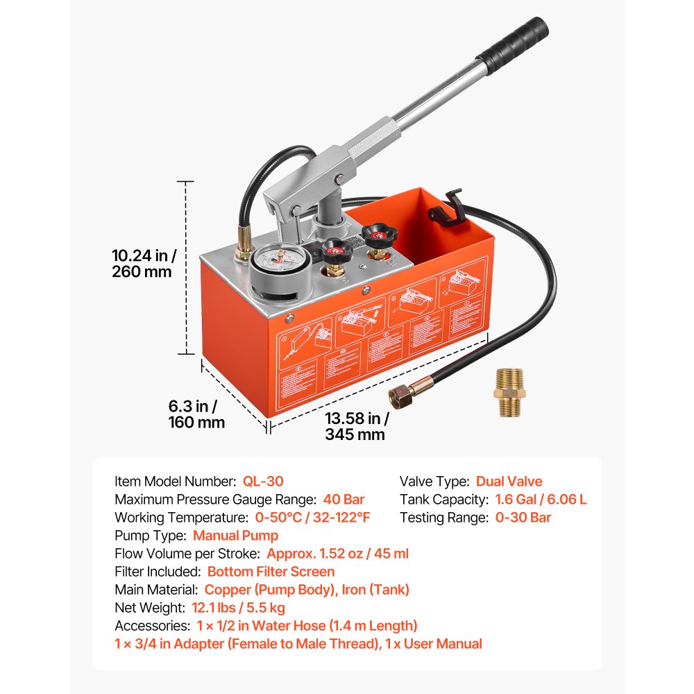 VEVOR Hydrostatic Test Pump 1.6 Gallon Hydraulic Manual Water Pressure Tester, Dual Valve Hydrostatic Water Pipe Leakage Pressure Test Pump Kit with Gauge & Tank, 0-30 Bar Range, for Pipeline Heating