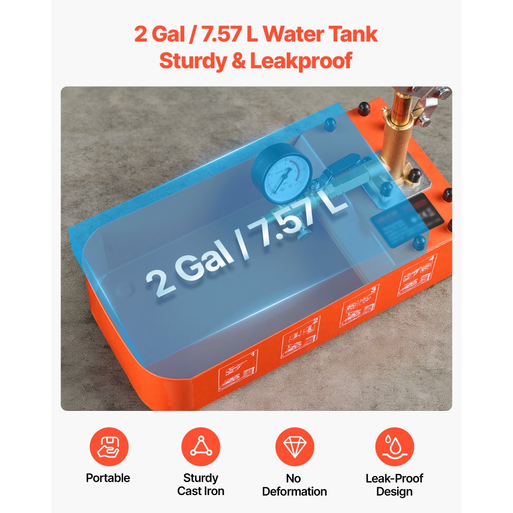 VEVOR Hydrostatic Test Pump 2 Gallon Hydraulic Manual Water Pressure Tester, Single Valve Hydrostatic Water Pipe Leakage Pressure Test Pump Kit with Gauge & Tank, 0-50 Bar Range, for Pipeline Heating
