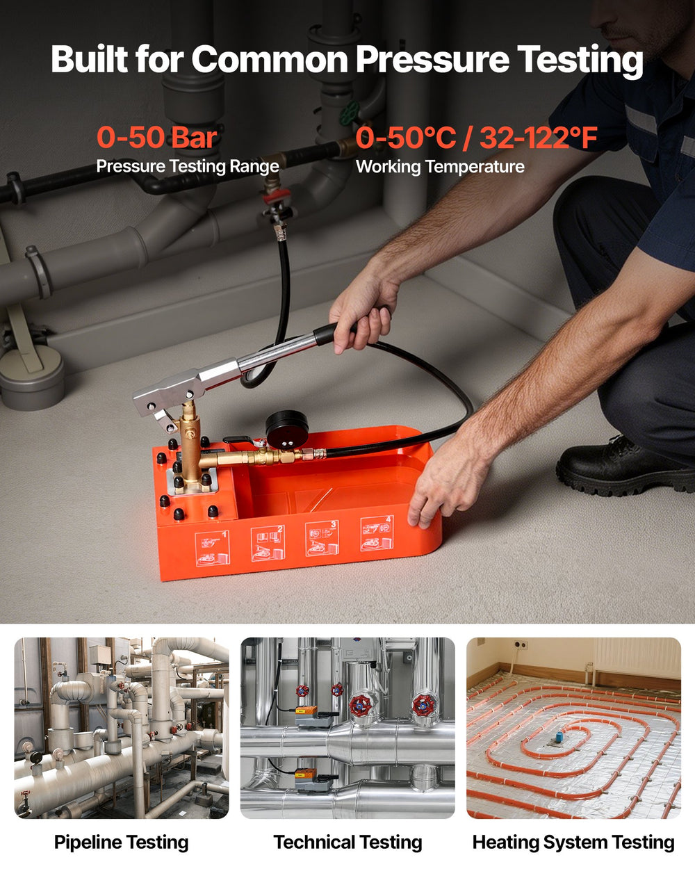 VEVOR Hydrostatic Test Pump 2 Gallon Hydraulic Manual Water Pressure Tester, Single Valve Hydrostatic Water Pipe Leakage Pressure Test Pump Kit with Gauge & Tank, 0-50 Bar Range, for Pipeline Heating