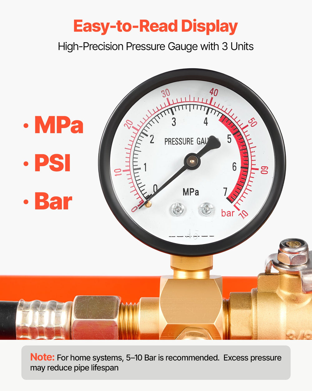 VEVOR Hydrostatic Test Pump 2 Gallon Hydraulic Manual Water Pressure Tester, Single Valve Hydrostatic Water Pipe Leakage Pressure Test Pump Kit with Gauge & Tank, 0-50 Bar Range, for Pipeline Heating