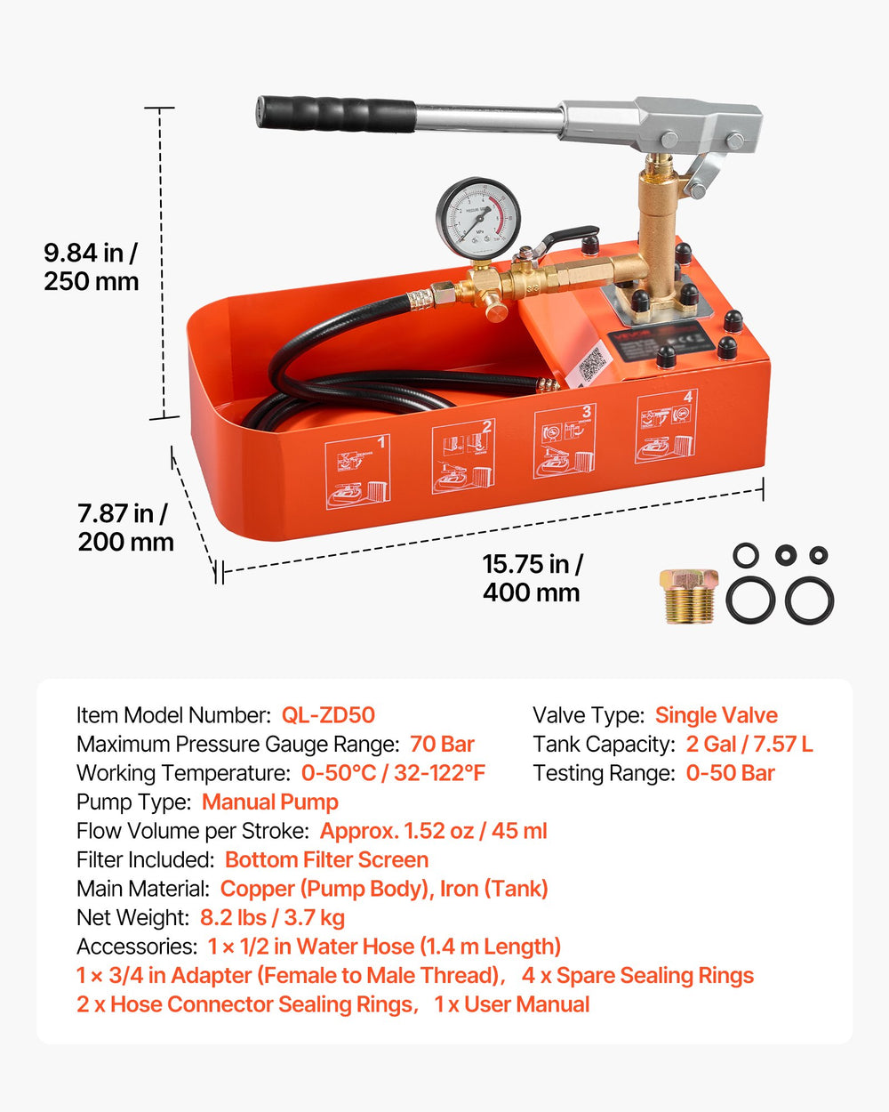 VEVOR Hydrostatic Test Pump 2 Gallon Hydraulic Manual Water Pressure Tester, Single Valve Hydrostatic Water Pipe Leakage Pressure Test Pump Kit with Gauge & Tank, 0-50 Bar Range, for Pipeline Heating