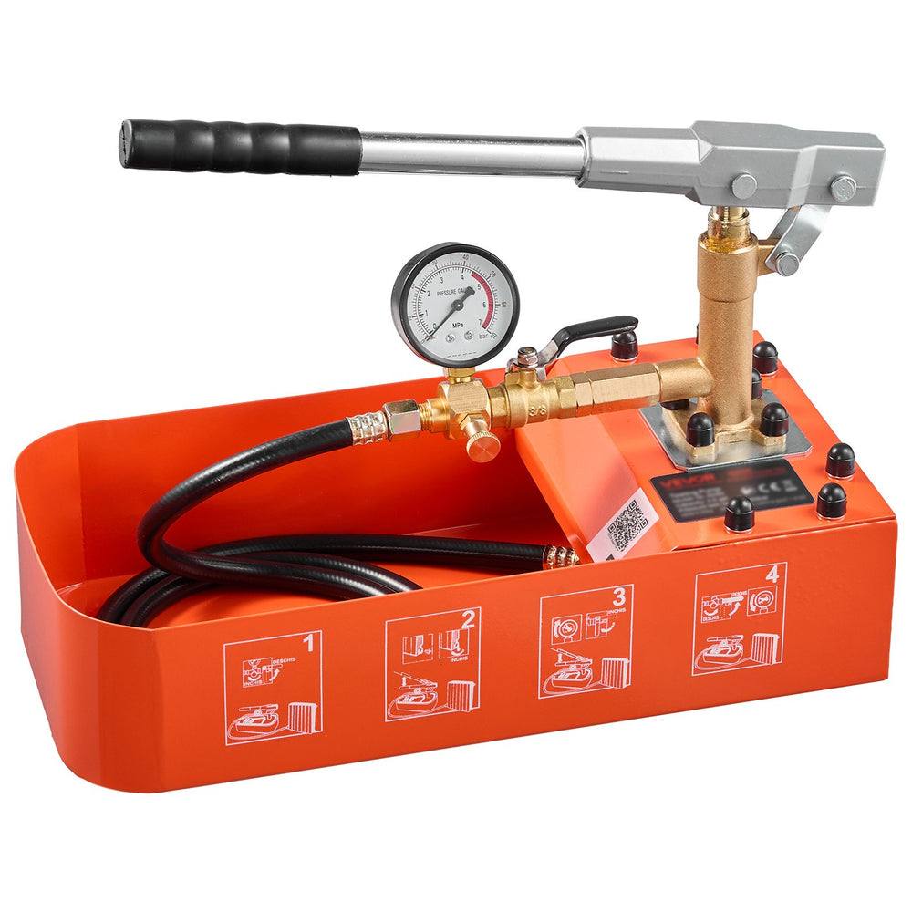VEVOR Hydrostatic Test Pump 2 Gallon Hydraulic Manual Water Pressure Tester, Single Valve Hydrostatic Water Pipe Leakage Pressure Test Pump Kit with Gauge & Tank, 0-50 Bar Range, for Pipeline Heating