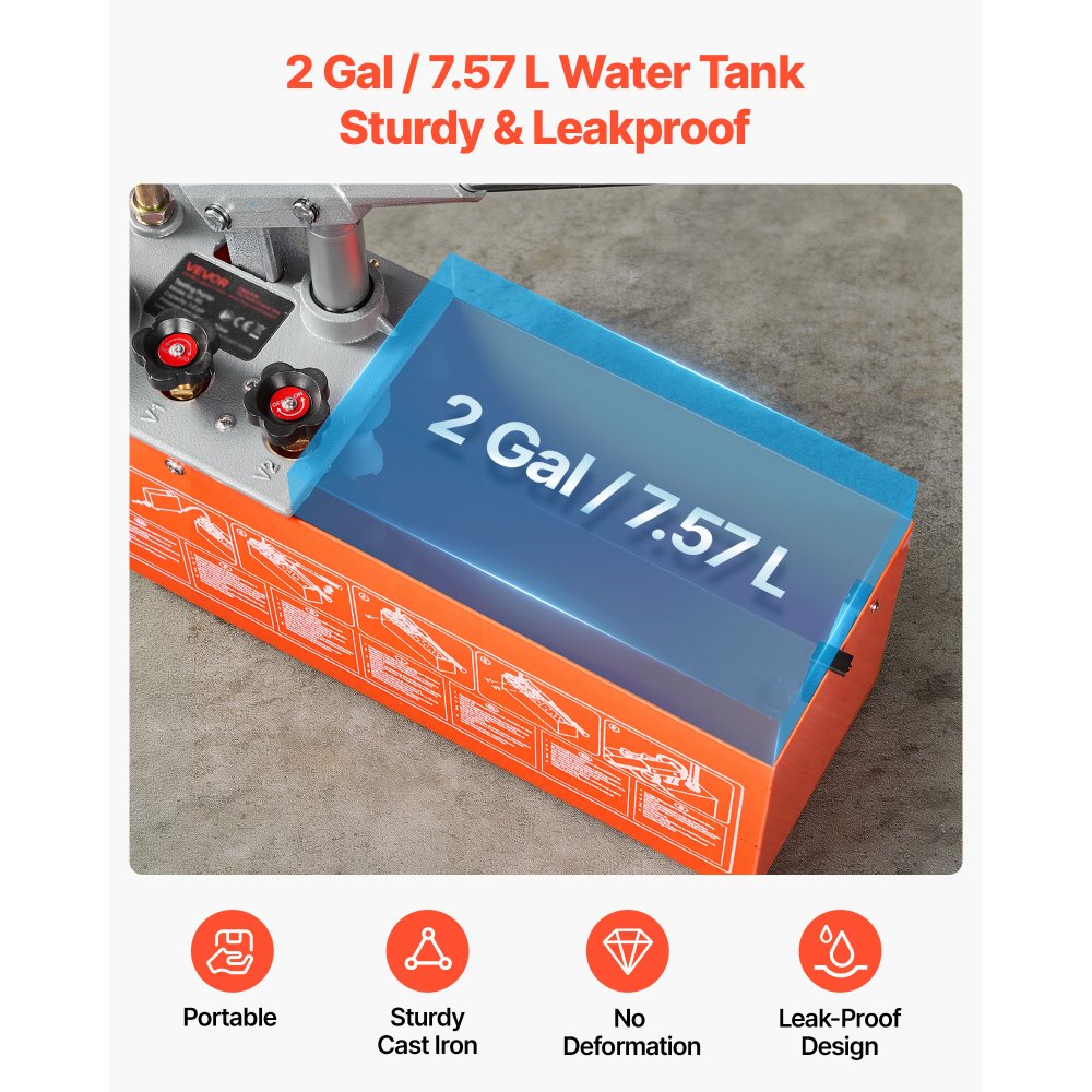 VEVOR Hydrostatic Test Pump 2 Gallon Hydraulic Manual Water Pressure Tester, Dual Valve Hydrostatic Water Pipe Leakage Pressure Test Pump Kit with Gauge & Tank, 0-60 Bar Range, for Pipeline, Heating