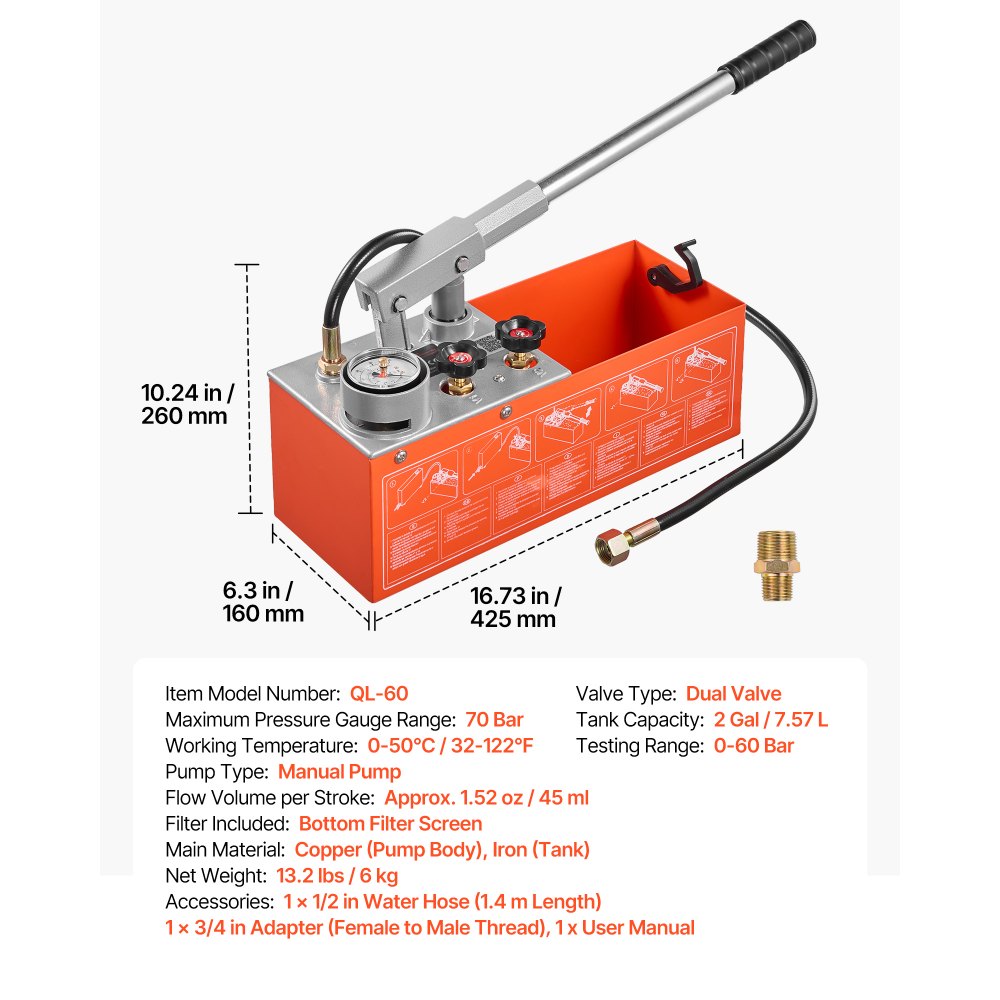 VEVOR Hydrostatic Test Pump 2 Gallon Hydraulic Manual Water Pressure Tester, Dual Valve Hydrostatic Water Pipe Leakage Pressure Test Pump Kit with Gauge & Tank, 0-60 Bar Range, for Pipeline, Heating