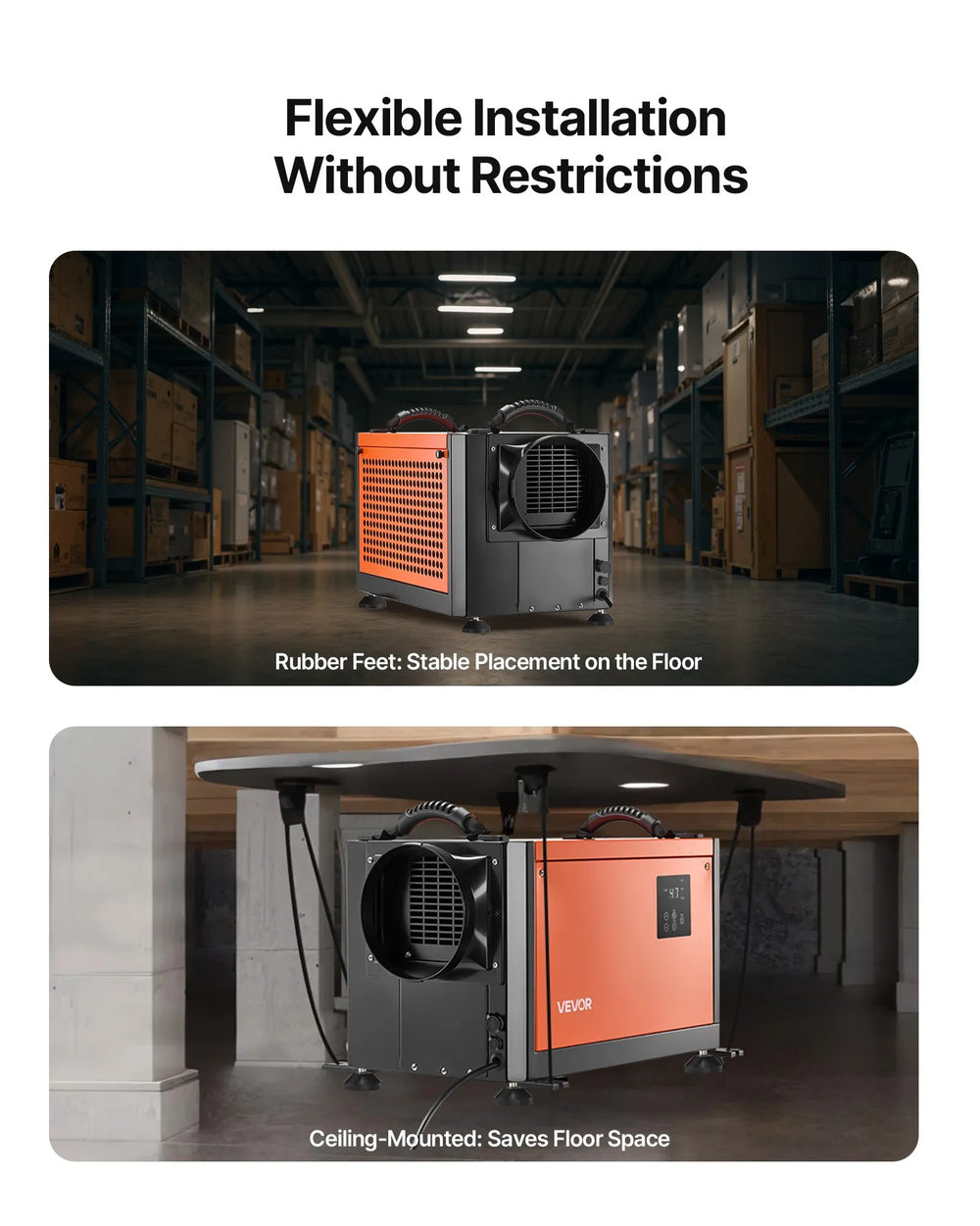 Flexible installation options - floor placement or ceiling-mount infographic