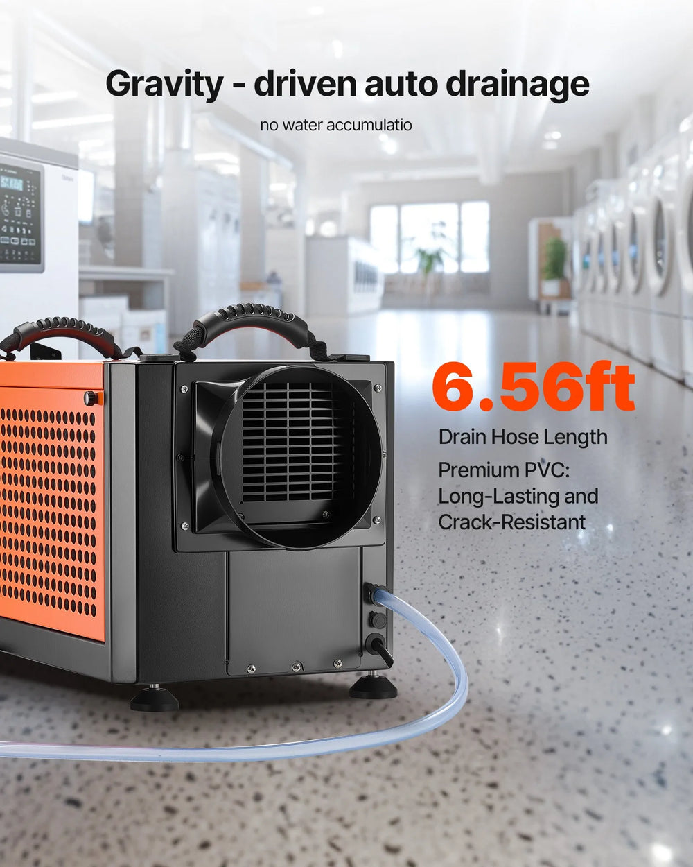 Gravity-driven automatic drainage with 6.56 ft PVC drain hose infographic