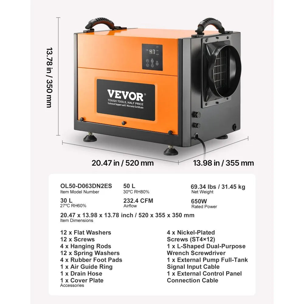 VEVOR 125 Pints Commercial Dehumidifier with Drain Hose, Portable Crawl Space Dehumidifiers for Basement Storage Room Industrial Grade, Auto Defrost/Drainage, Heavy-duty Galvanized Steel, LED Indicate